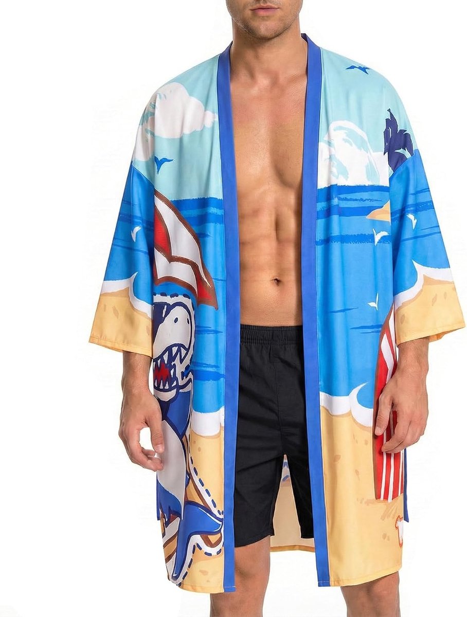 Mannen Lichtgewicht Kimono Robe met Riem Japanse Stijl Gewaad Jas Unisex Casual Open Front Lange Vest Cape Jas Uitloper, Haai, L