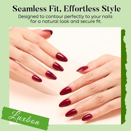 Short Almond Press On False Nails met Nail Glue en Tool Kit - Stick On Nails Soft Gel Tips 25-30 stuks Full Size Set, herbruikbare nepnagels voor vrouwen, Bourgondië — afbeelding 3