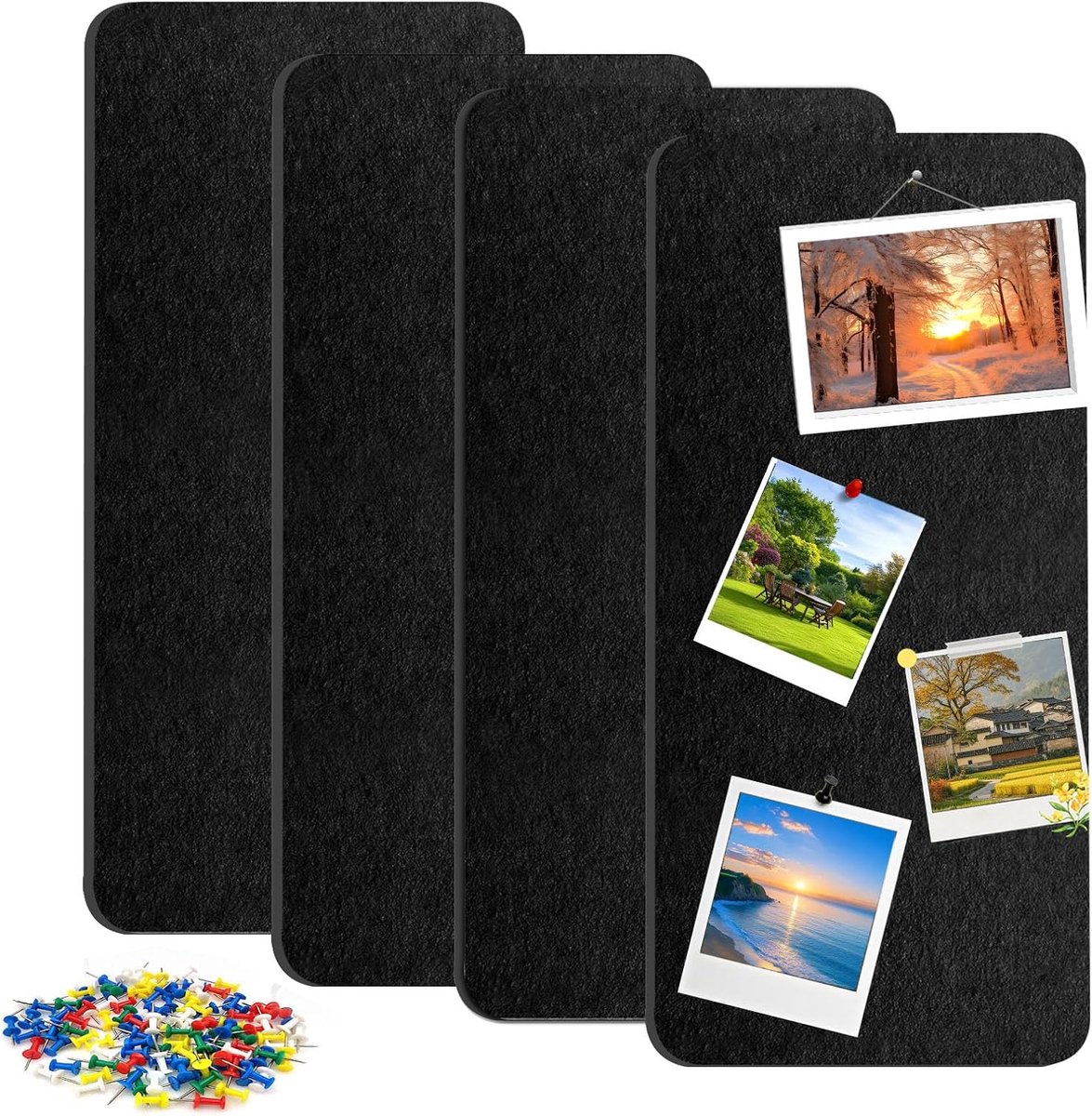 prikbord, zelfklevend, kurkplaat, prikborden, 4 stuks, zwart bulletin board met 30 pushpins, vilten bord, wanddecoratie voor muren, thuis, kantoor, fotoophangingen, tijdschema's