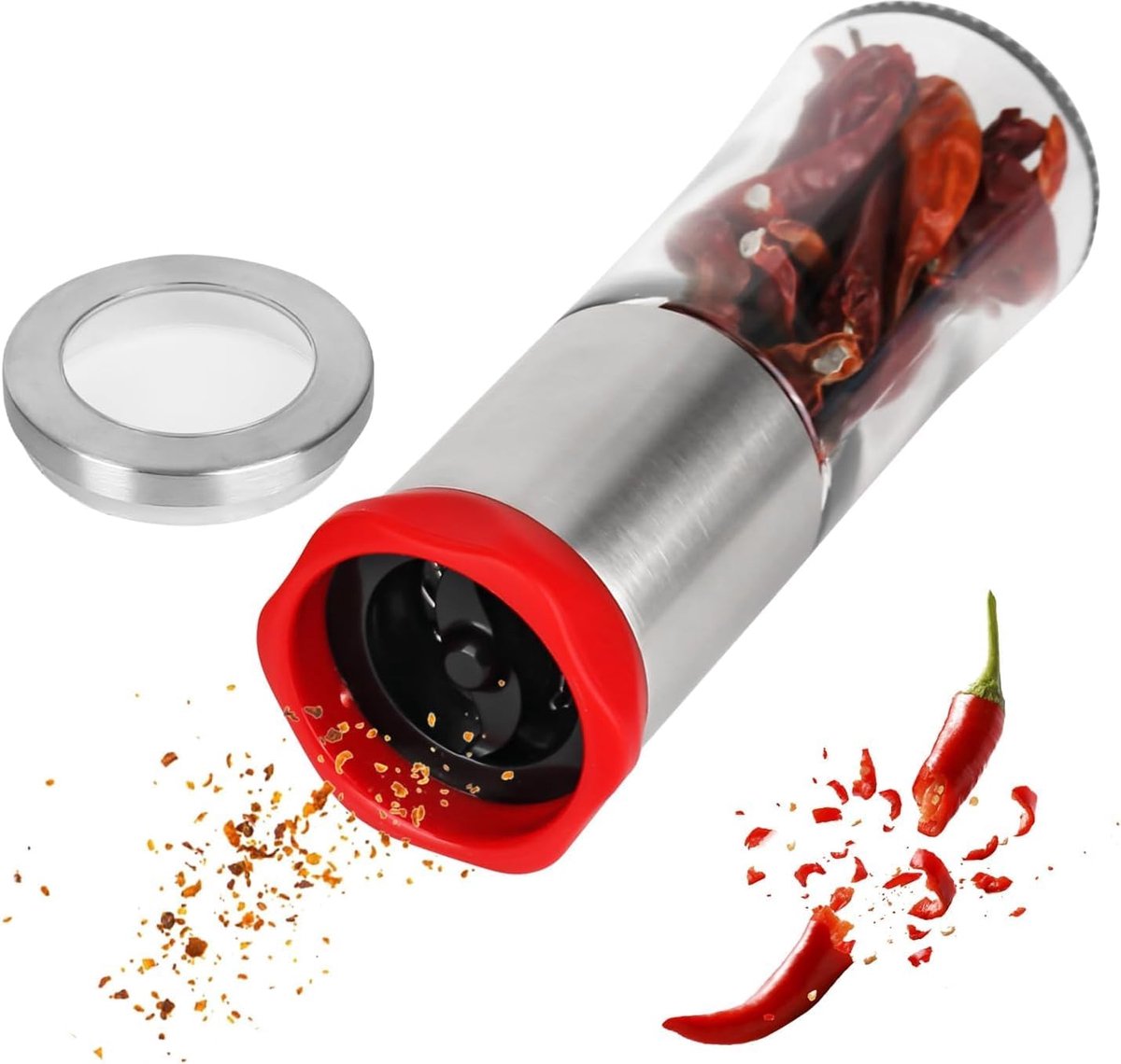 chilimolen van roestvrij staal, glas, chilisnijder, kruidensnijder, keukenhulp, chilipeper, kruidenmolen voor grove specerijen, chilipepers, navulpeper, zoutmolen