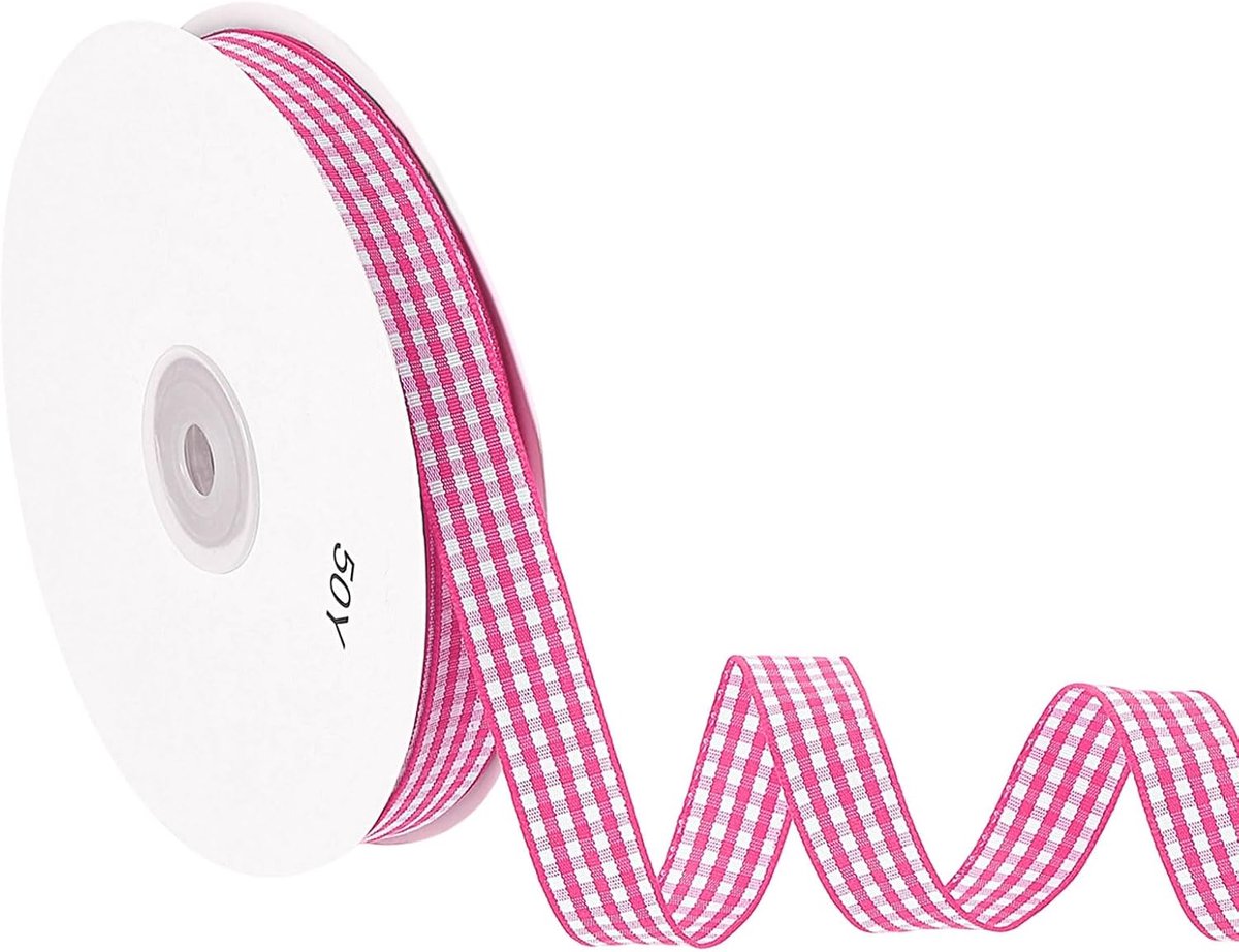 50 Yard x 5/8 Inch Gingham Lint, Plaid Lint Nylon Geruit Geschenkverpakking Strip voor Thanksgiving Strik Krans Craft Verjaardag Bruiloft, Rose Rood