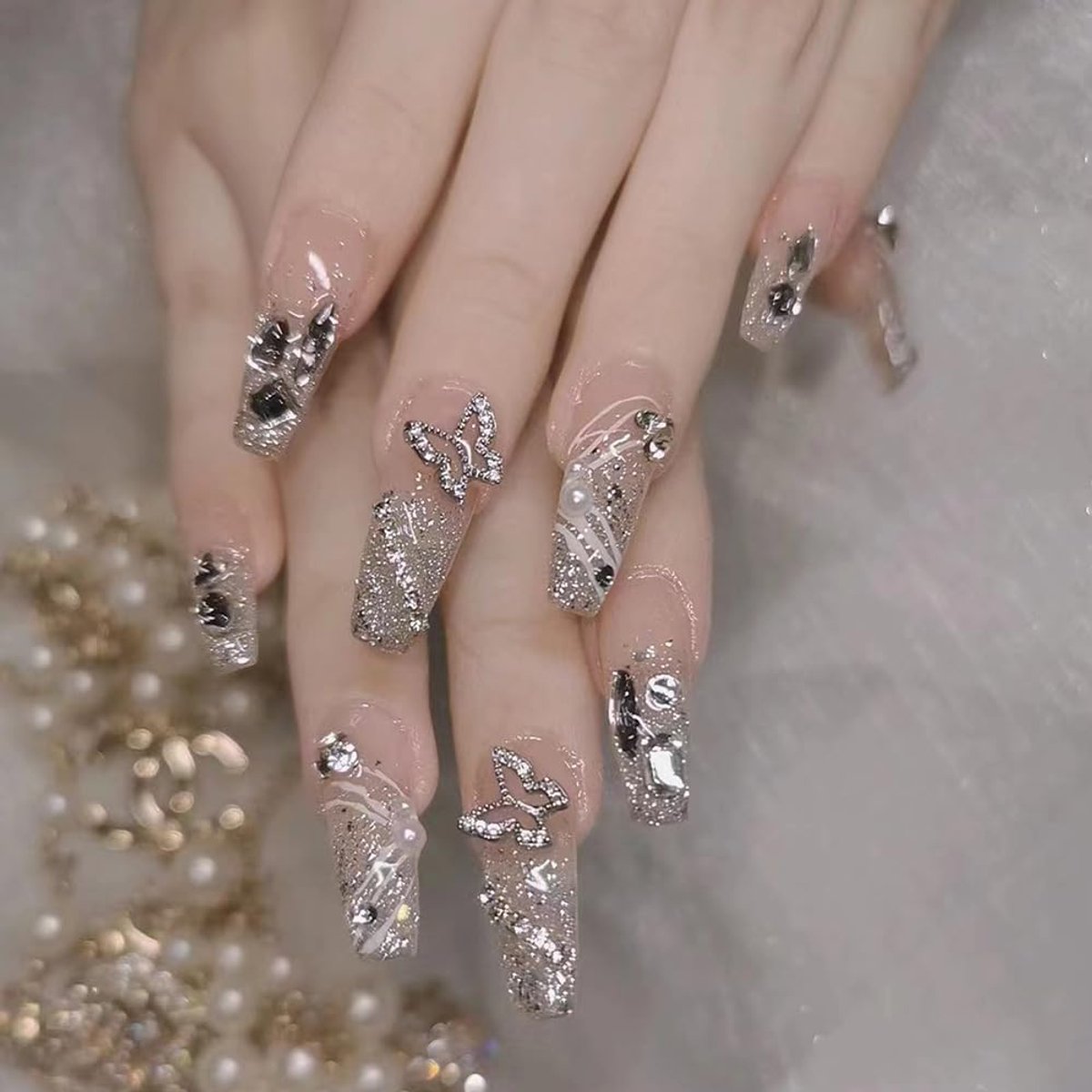 on Nails- 24 Stuks Kunstnagels Lang, Franse Vlinder Camelia Kunstnagels Lijm-Op Nagels, Acryl Nepnagels, Druk Op De Nagel