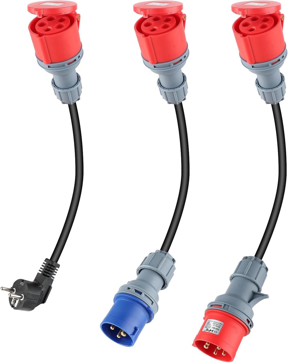 3 x CEE-adapter Schuko-stekker koppeling, adapterset CEE 16A 5-polig | CEE rood 32A/ CEE blauw 16A/ 230V huishoudelijke stopcontact, 3x2,5 mm² H07RN-F 16A stroomadapter campingstekker adapterset