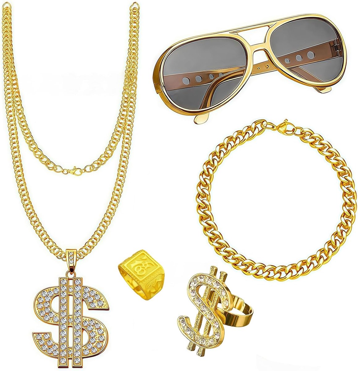 5-delige set 90s Hip Hop feestartikelen, Hip Hop feestdecoraties, Hip Hop kostuum, ring, hippiebril, nep gouden kettingarmband voor hippie rapper disco-outfit
