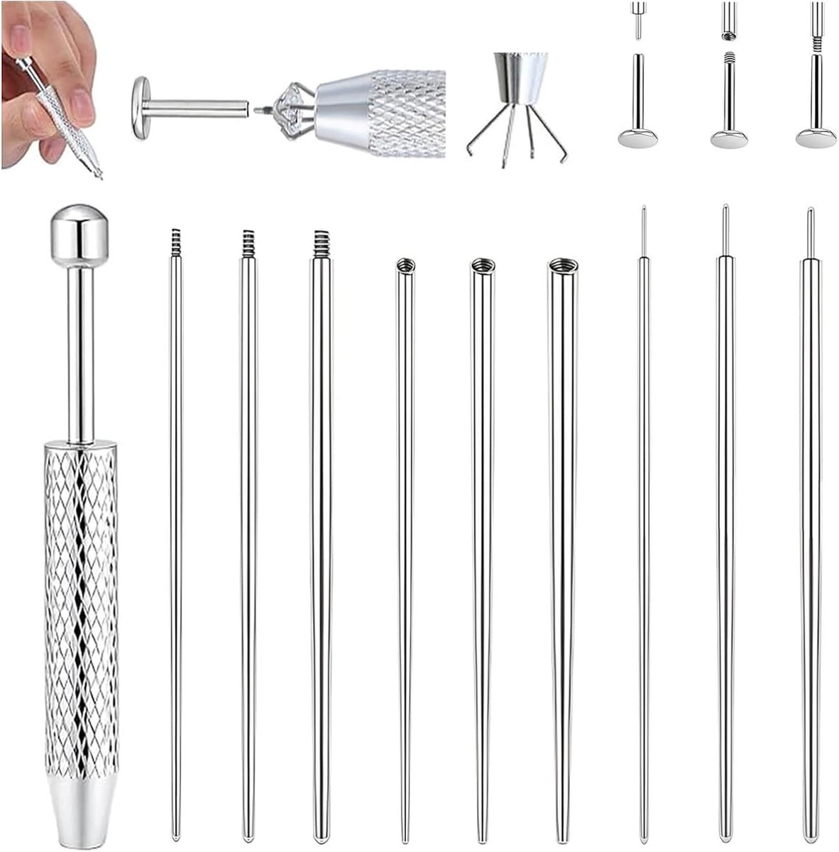Piercing Set 10 Stuk, Piercing Tang & Kogelopdrager, Piercingtang Hulpmiddel voor Openen en Wisselen, Piercing Accessoires voor Oor en Neus