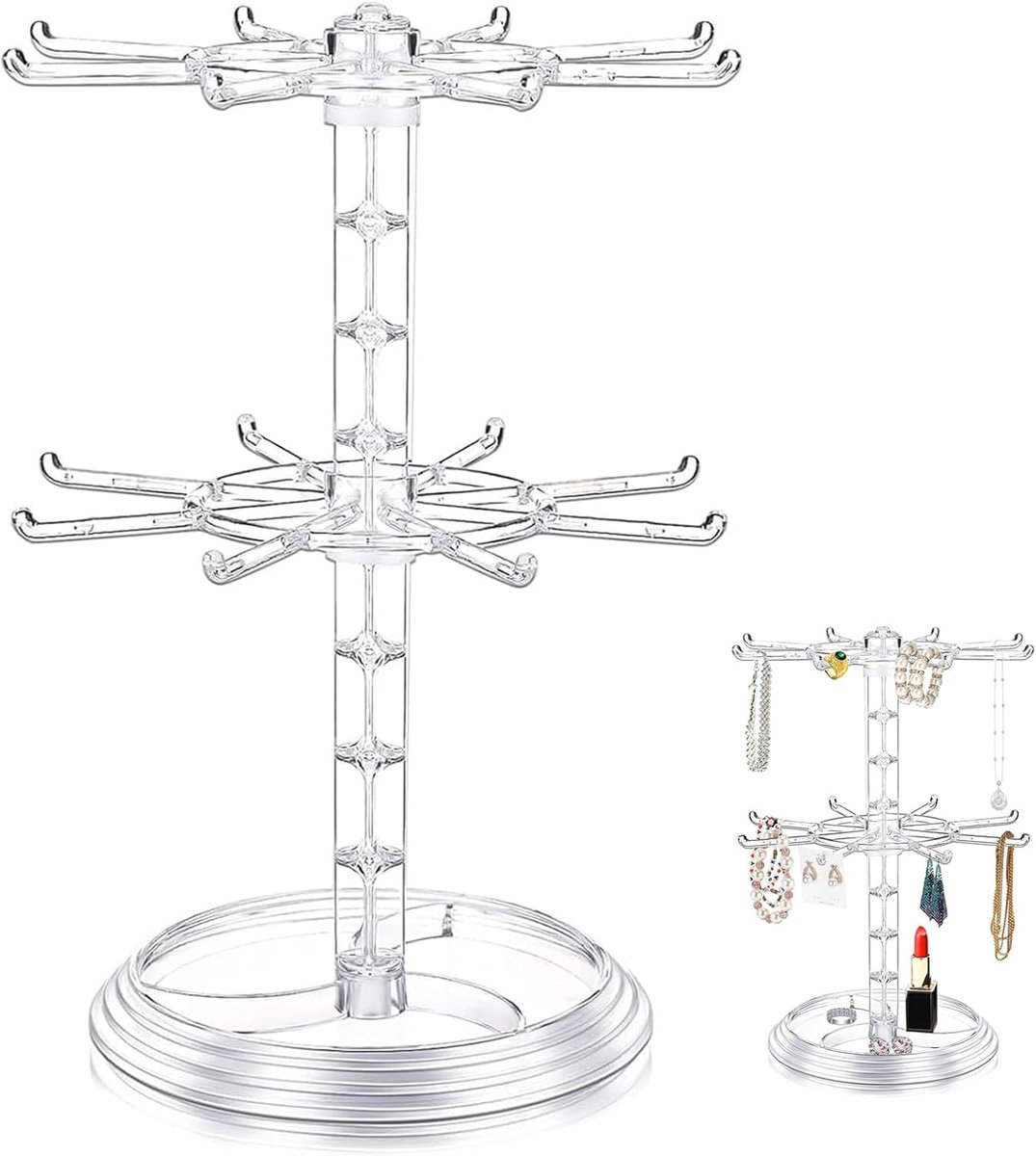 standaard, kettingstandaard, draaibaar, 2 banden, sieradenstandaard, spinner-displayhouder, halskettingen, draaihouder, voor sleutels, haarbanden en sieraden (transparant)