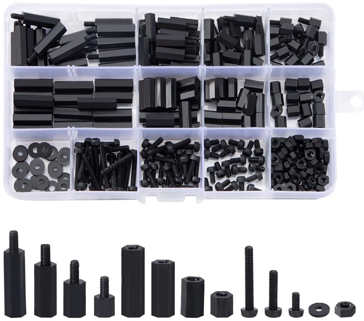 afstandhouder van nylon, 260 stuks, M3, mannelijk, vrouwelijk, schroefset, moeren, standoff, voor doe-het-zelf, elektrisch circuit en assortiment kaarten, machine, montagemateriaal, zwart