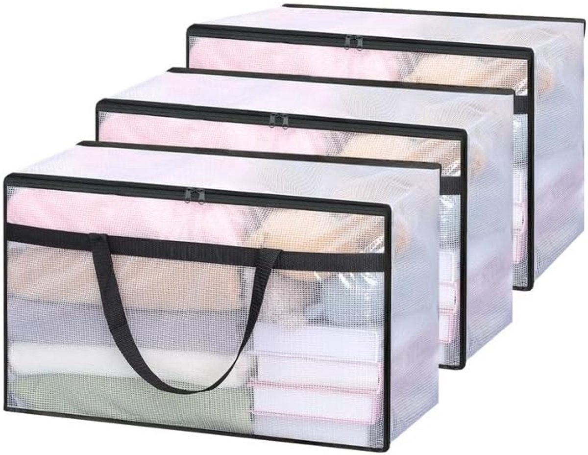 3 stuks transparante opbergdozen van kunststof, 60 l, met ritssluiting en handgrepen, voor kleding, dekens, dekbedden, babykleding, wasgoed en verhuisartikelen