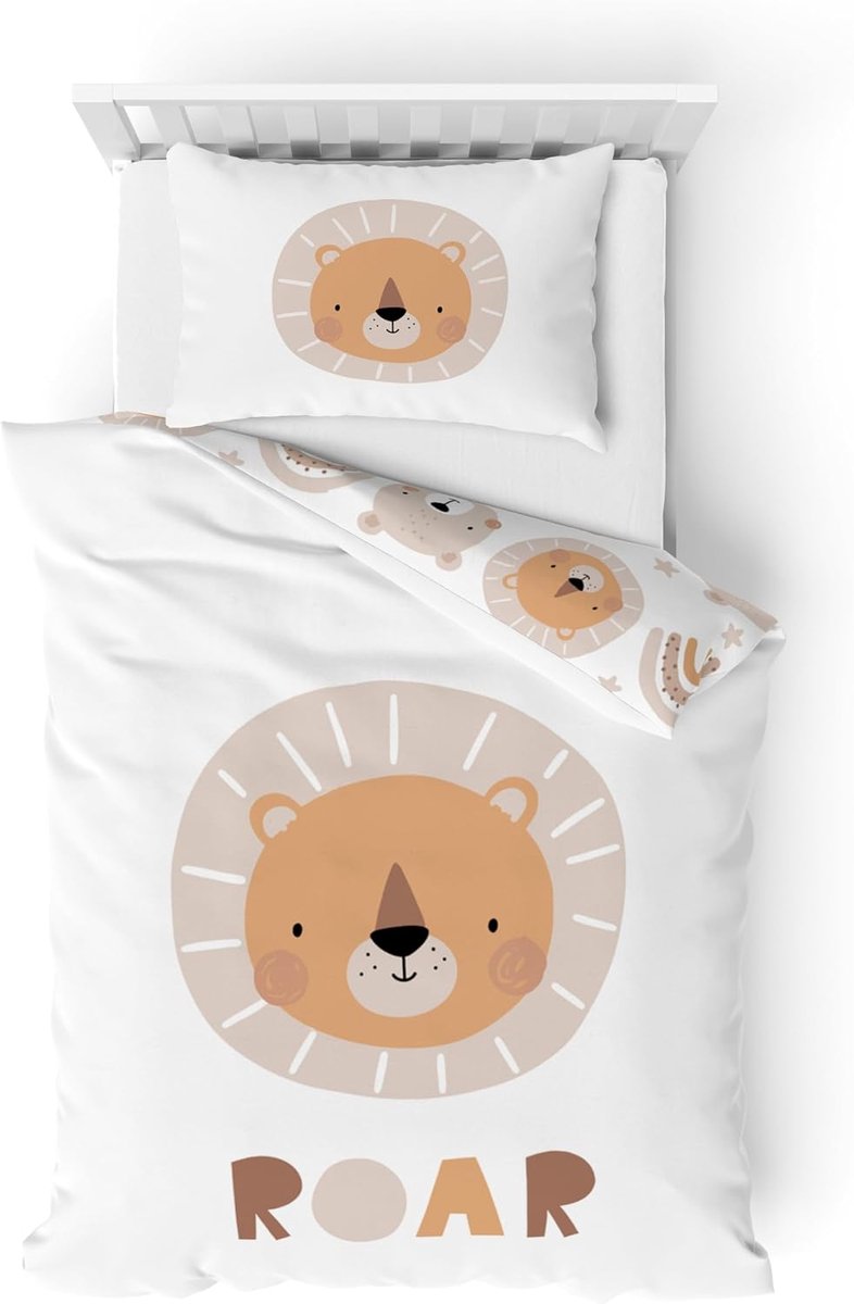 bever/flanel, babybeddengoed, Little Lion, zacht en behaaglijk voor meisjes en jongens, 100% katoen, dieren, leeuw en regenboog · dekbedovertrek 100 x 135 cm + kussensloop 40 x 60 cm