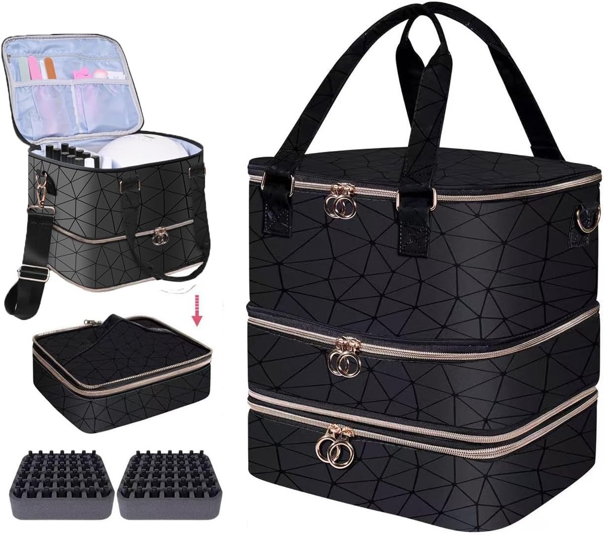 Nagellak-opbergkoffer voor 84 nagellakflessen en 1 led-nagellamp, make-up organizer, tas, nageldesign, accessoires, make-up tas, nagellak organizer (zwart)