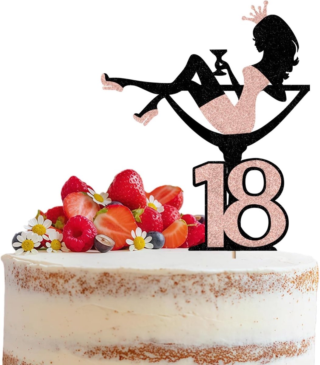 18e Verjaardag Taarttopper Glitter Wijnglas Meisjessilhouet Taartdecoratie Hoog voor Meisjes Dames Vrijgezellenfeest Thema Verjaardag Feest Taartdecoratie, Roze Goud