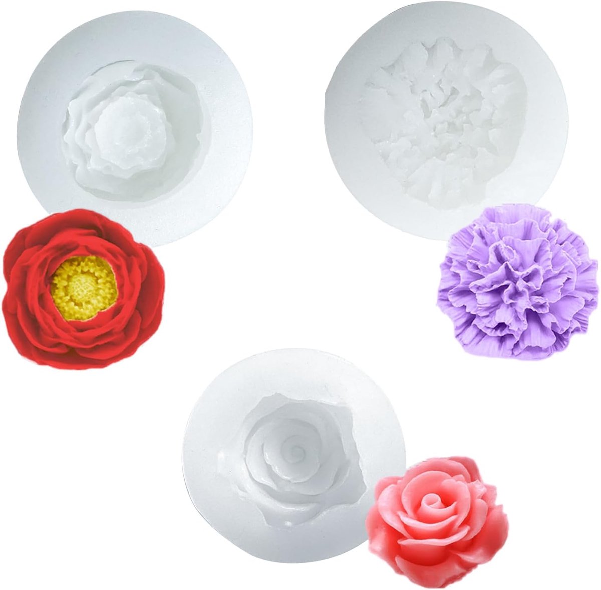 3 stuks siliconen gietvormen, bloemen, kaarsvormen, siliconen rozen, anjer, pioenroos, 3D-gietvorm, siliconen gietvorm, bloemen, bloem, groot, voor chocolade, handgemaakte geurkaarsen, zeep