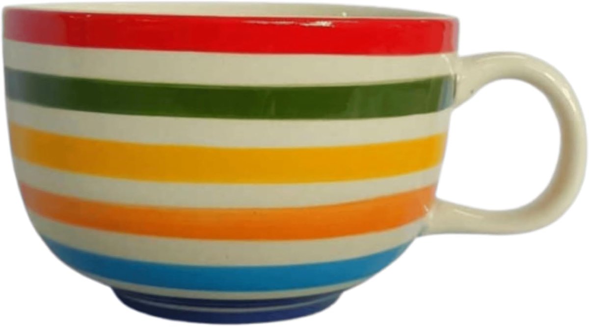 koffie kop/beker van keramiek, 500 ml kleurrijk rond handbeschilderd (kleurrijk gestreept horizontaal)
