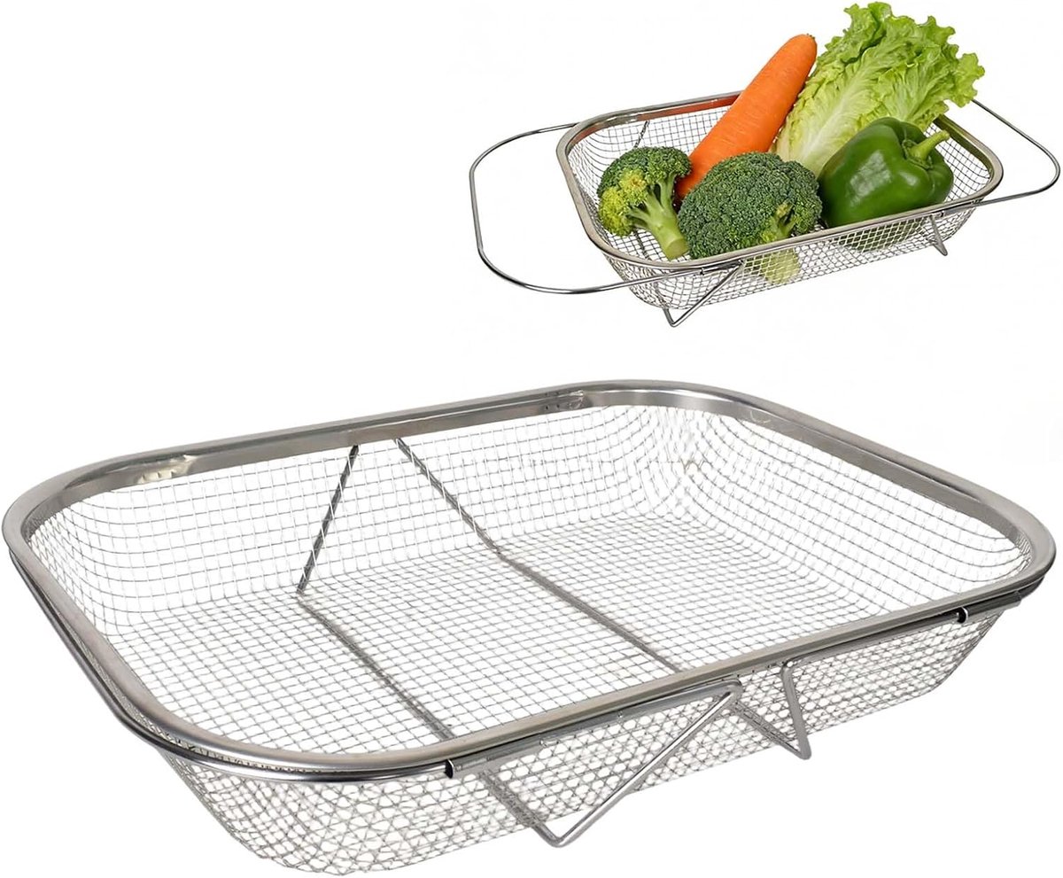 zeef voor gootsteen, roestvrijstalen zeef voor spoelbak, 37 - 51,5 cm, roestvrij staal over de gootsteen, afdruipzeef, boven de gootsteenzeef voor het wassen, afdruipen van groenten