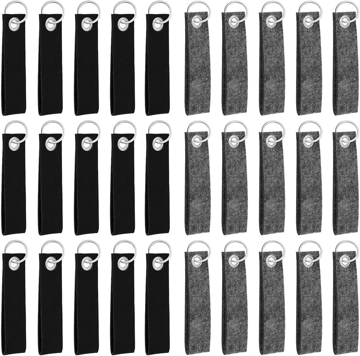 32 stuks sleutelhangers vilt, 13 x 3 cm, blanco vilt, blanco met roestvrijstalen ring voor doe-het-zelf decoratie, handwerk, tassen (grijs en zwart)