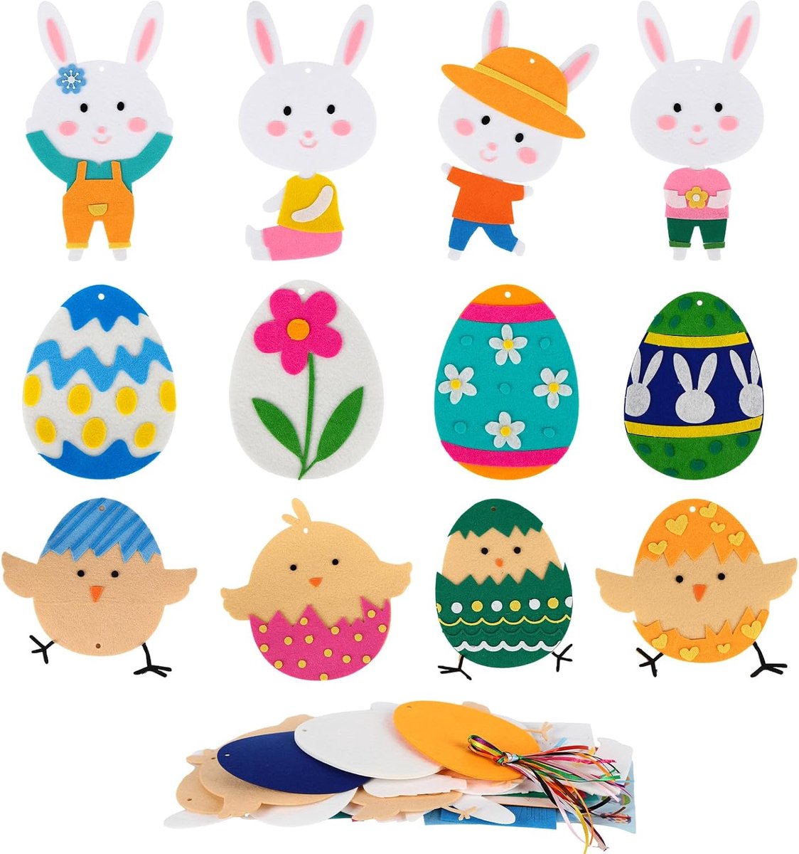 Knutselset voor Pasen voor kinderen, 12 stuks vilten knutselset, creatieve sets om op te hangen, paasdecoratie, konijnen, eieren en kuiken, knutselset voor kinderen vanaf 3, 4, 5, 6, 7, 8