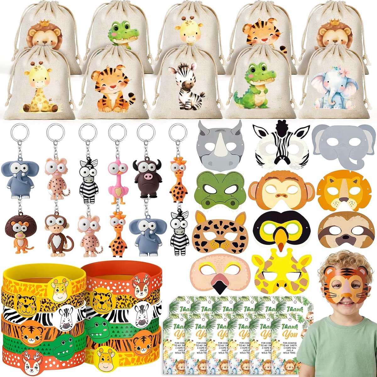 Dschungel Tiere Party Uitdeelartikelen Kinderverjaardag Gastgeschenken met dierenmaskers sleutelhanger siliconen armband dankkaart dierenpatroon cadeauzakjes safari verjaardag give aways jongens
