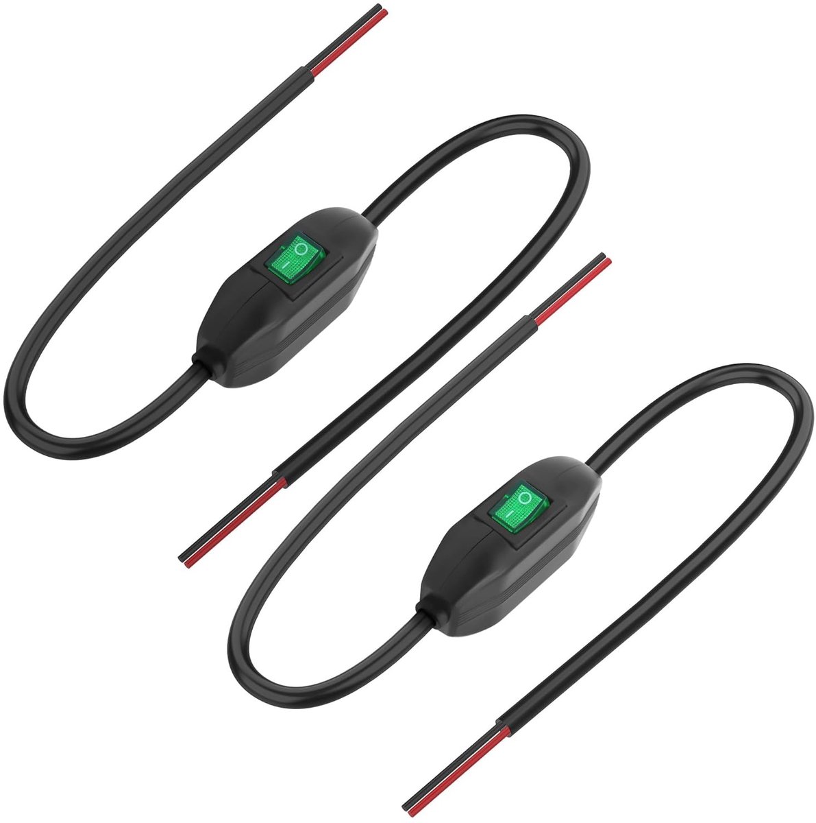 Inline schakelaar met ON/UIT-knop, 12V, 24V/3A, omschakeling, tuimelschakelaar, kabelschakelaar, tuimelknop, schakelaar met voorwivel aan beide uiteinden, groene led voor lamp, 0,5 m, 2 stuks