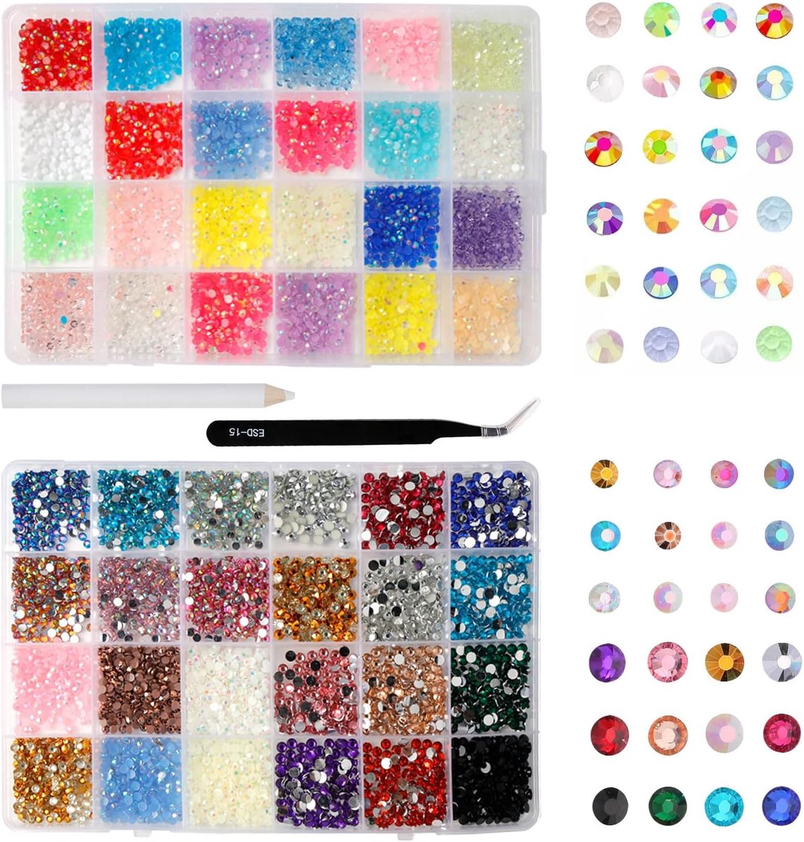 2 dozen strass-steentjes spijkers, ca. 7000 stuks 3 mm - 4 mm veelkleurige edelstenen met platte achterkant met pincet en strass-stift, strass-steentjes om te knutselen, voor doe-het-zelf nagels