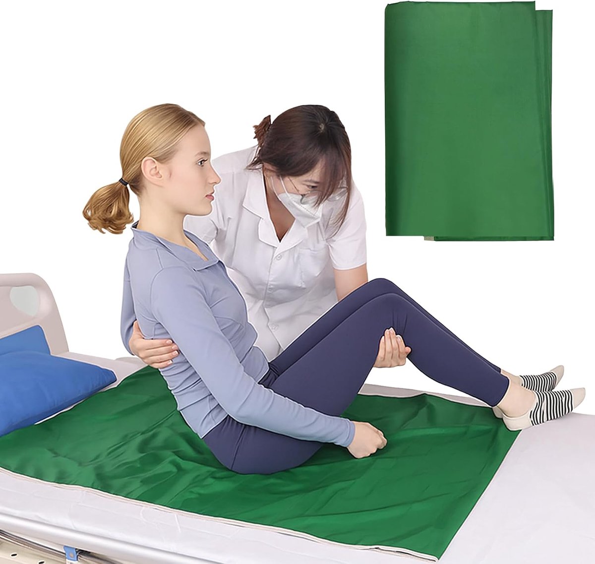 Schuifddoek voor bedsteun: 75 x 115 cm voor patiënten glijbladen voor het draaien, verplaatsen en positioneren van ouderen, voor thuiszorg, ziekenhuis, overdrachtshulp - groen
