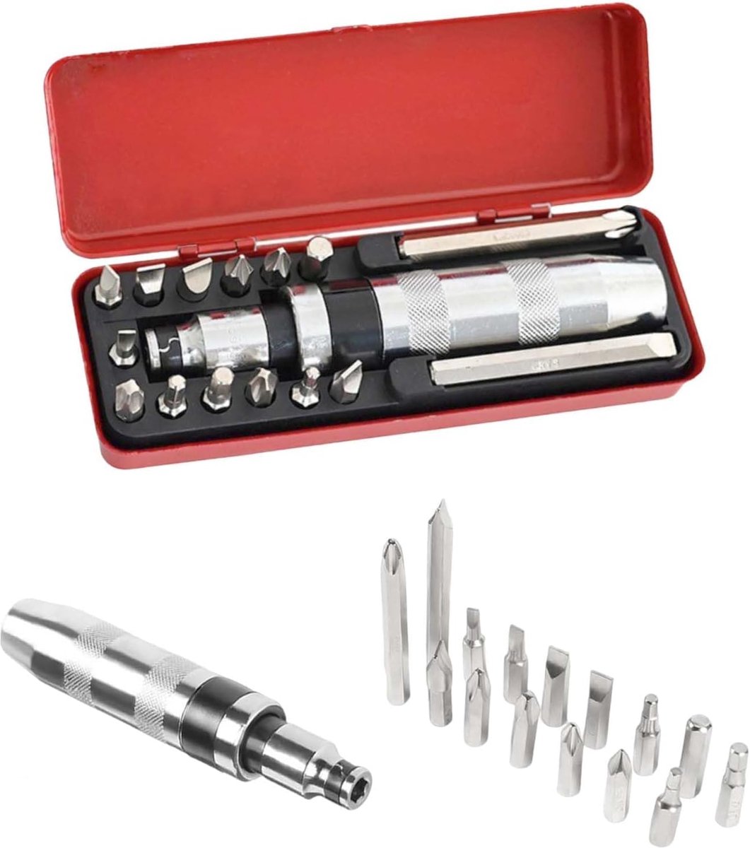 16-delige Impact Driver-set, met schroefadapter en 13 wisselbits, handslagschroevendraaier, heavy duty sleuf, kruiskop, slagmoerbitset, magnetische ratelschroevendraaierset