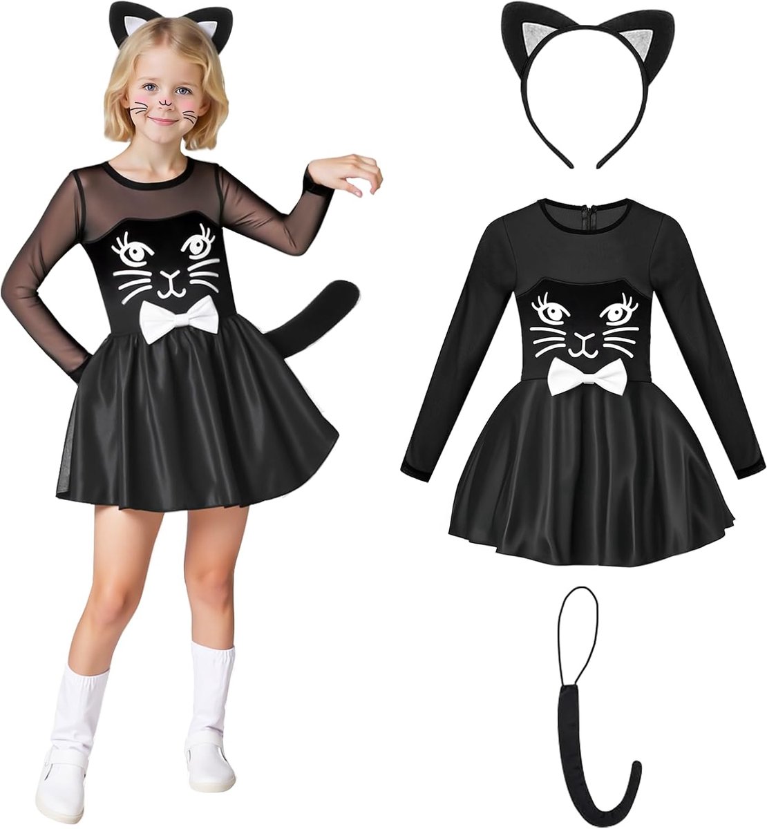 Halloween-kostuum voor meisjes: zwarte kattenjurk voor meisjes met oren en kattenstaart; kattenkostuum geschikt voor feestjes