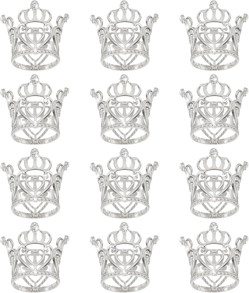 12 stuks mini-kroon, taartopzetstukken, legering, koningin, prinses, kleine zilveren kroon, tiara, cupcake, hartvormig met parels, strass, voor verjaardagstaart-decoratie, hartkroon