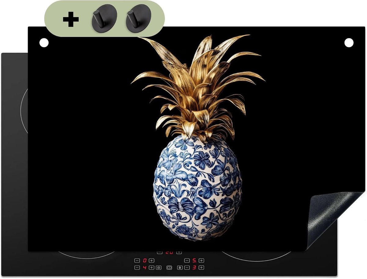 Inductie Beschermer 52x78 cm Keuken Decoratie Kookplaat Inductiekookplaat Afdekplaat Anti Slip Mat, Spatscherm achterwand Ananas - Bloemen Patroon - Goud - Delfts Blauw