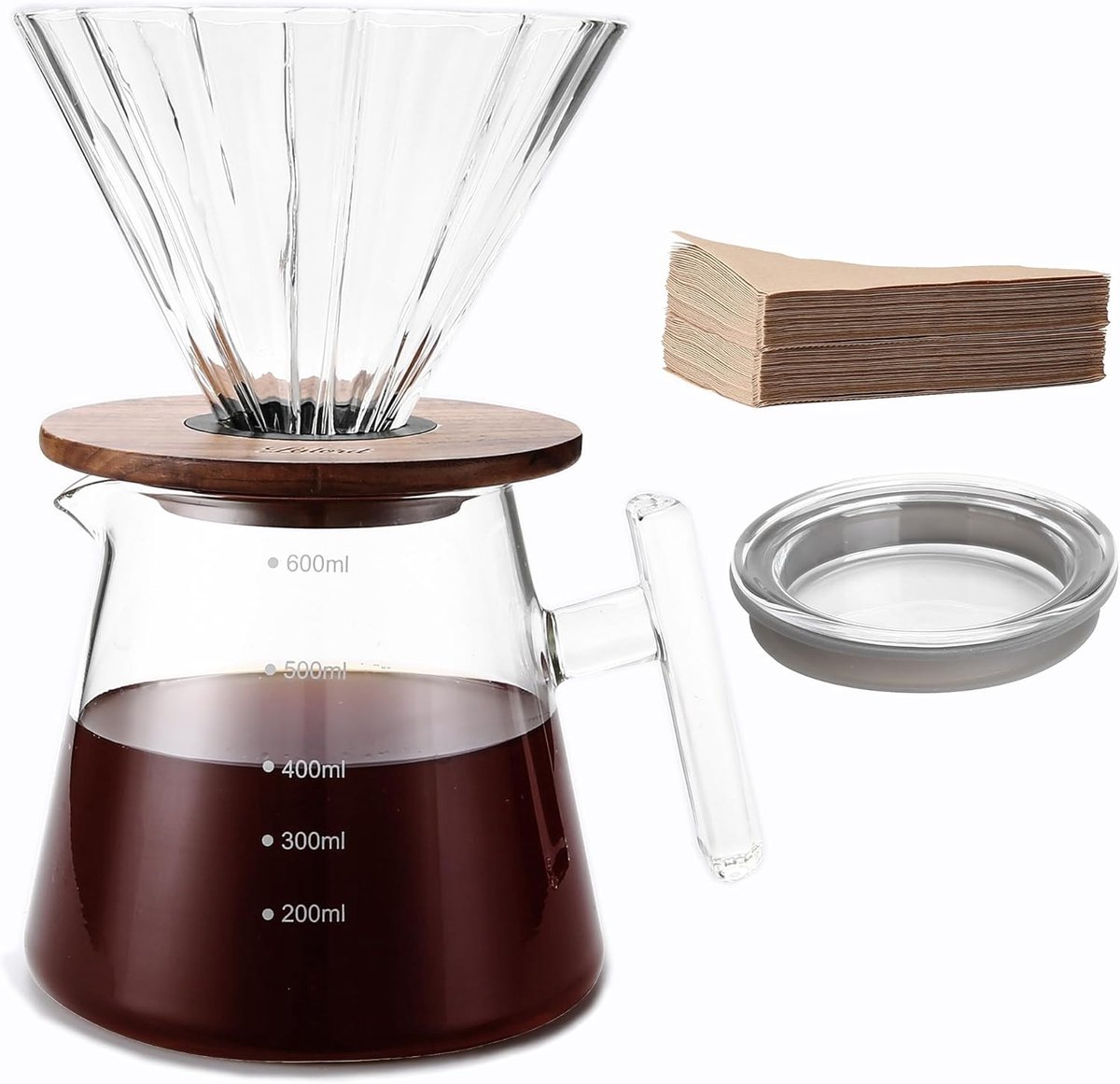Pour Over Koffiezetapparaat, 20oz Borosilicaatglas Set met 100 stuks Papierfilter, Walnoot Kraag & Glazen Deksel, Druppelkoffiezetapparaat, 1-3 Kopjes, Helder (600 ml (glazen handvat))