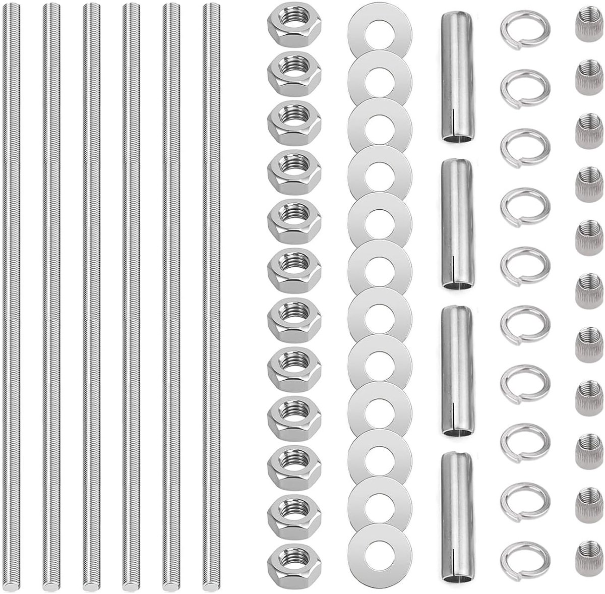 M8 x 300 mm, draadstangen, koolstofstaal, draadschroeven, volledige schroefdraad, draadstift met moeren, sluitringen, voor machines, meubelproductie, 6 stuks