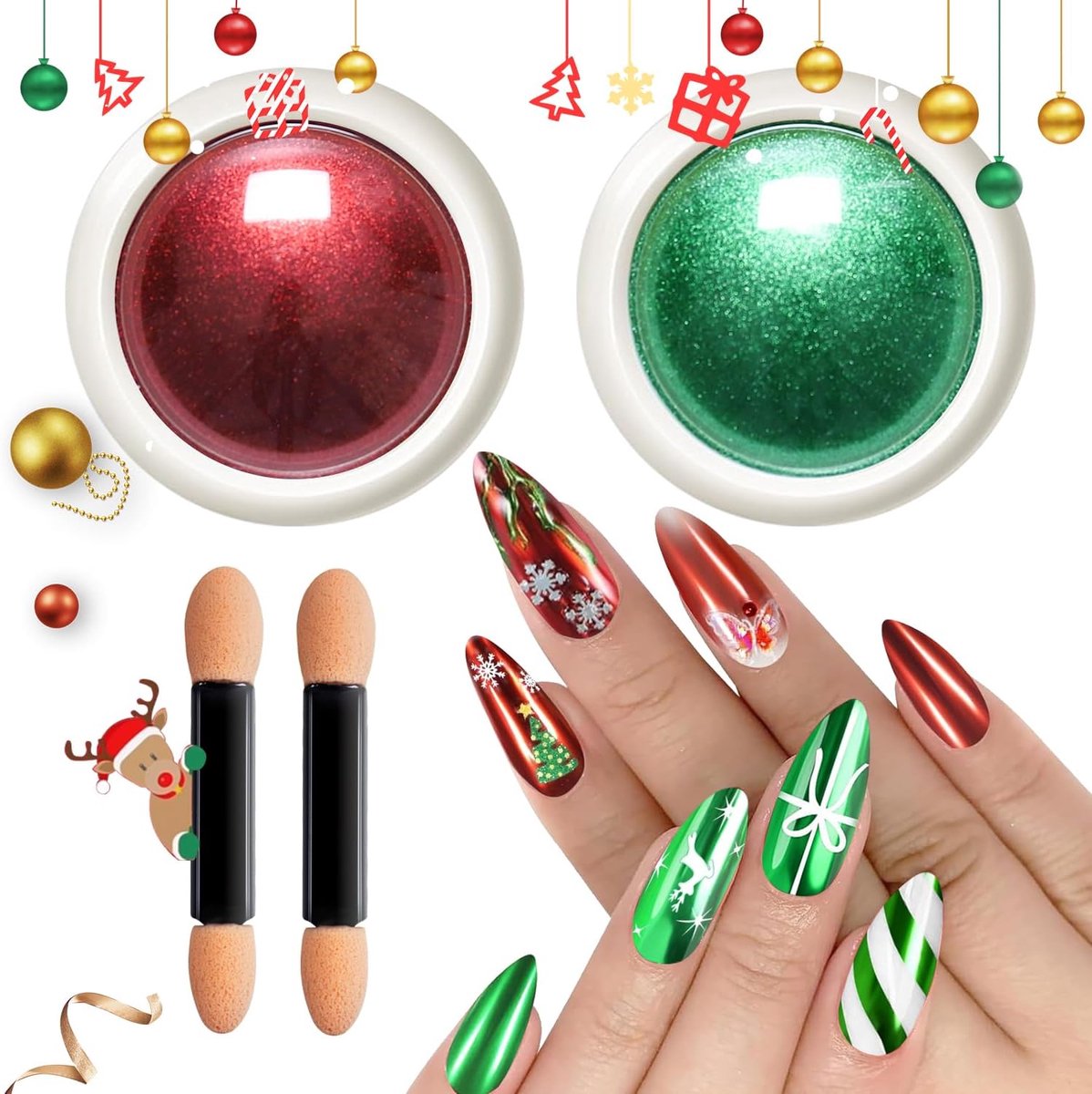 chroom nagelpoeder, chroom nagelpoeder, spiegeleffect metallic chroompoeder nagels glitter nagelpoeder kerstnageldesigns 2 potjes, rood groen