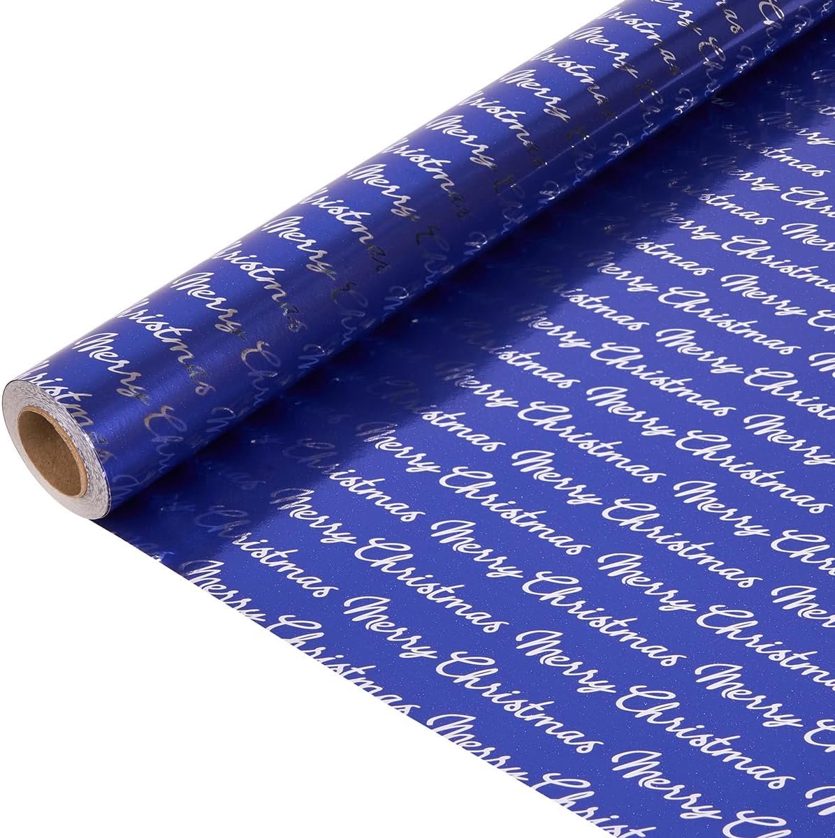Cadeaupapier voor Kerstmis, 43 cm blauw inpakpapier met glitter “Vrolijk Kerstfeest” voor verjaardagscadeaudecoratie