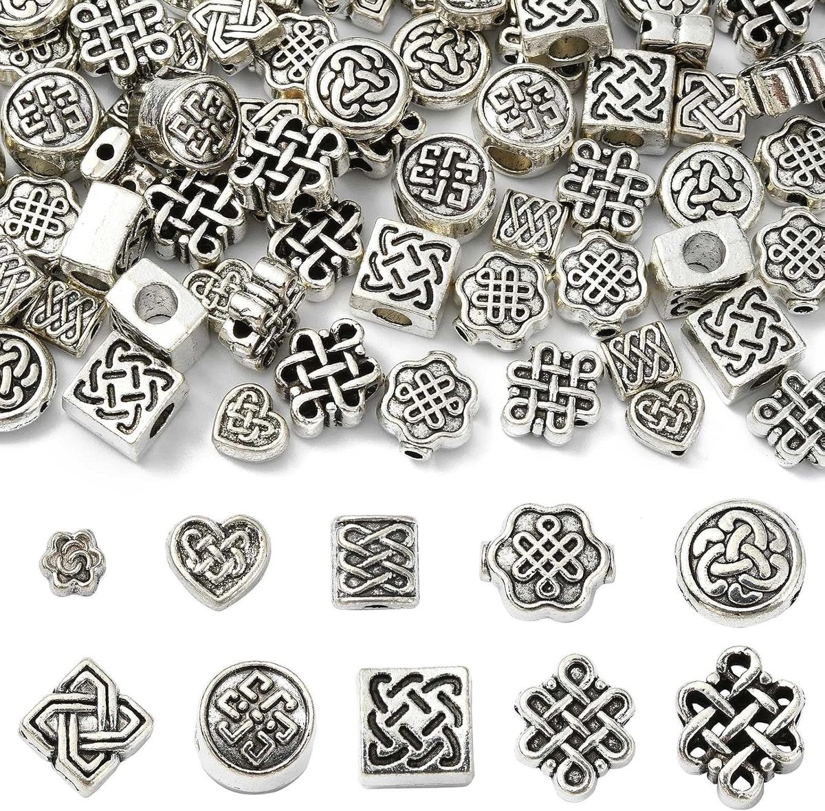 100 stuks 10 stijlen Tibetaanse zilveren Keltische knoop kralen platte ronde bloem retro Chinese knoop spacer kralen voor sieraden maken ambachten