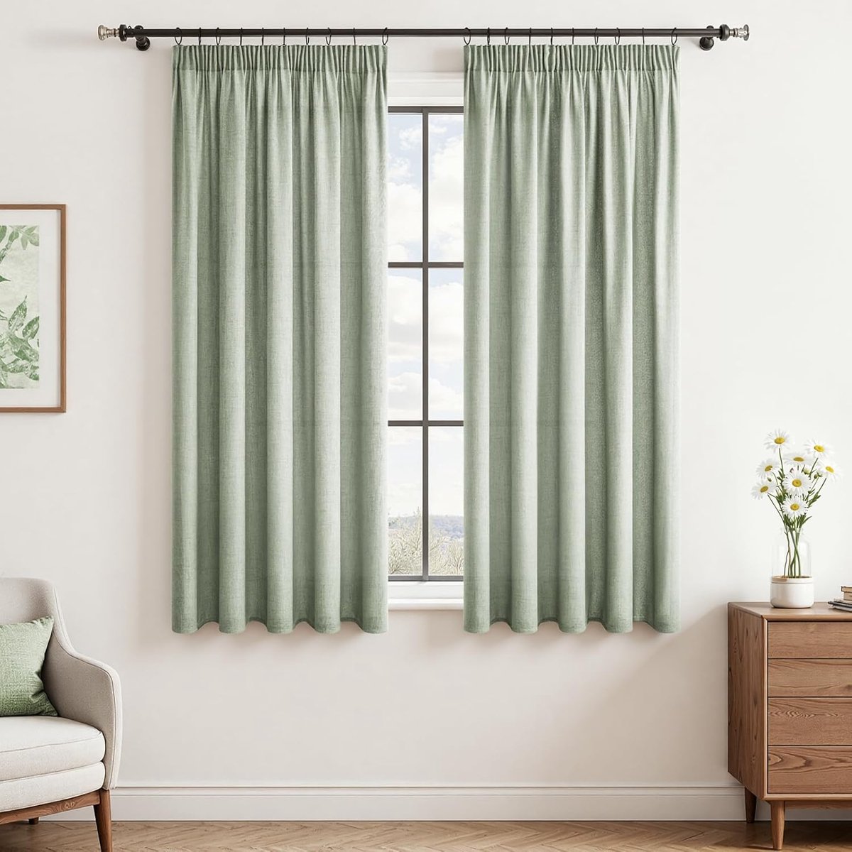 Gordijnen met plooiband, saliegroen, 160 x 140 cm (h x b), linnenoptiek, kort, raam, woonkamer, gordijn, linnen, half-transparant, set van 2, gordijnen, saliegroen, slaapkamer, keuken en