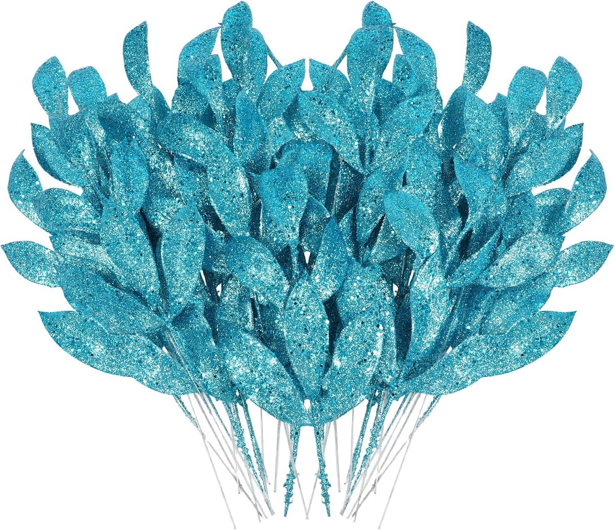 16 stuks Kerst Kunstmatige Glitter Bladeren, Blauwe Glitter Kerstbladeren Picks voor Centerpieces, Kerstboom Ornamenten voor Vaas Slinger Krans Bruiloft Boeket Tafel Huis Tuin Decor