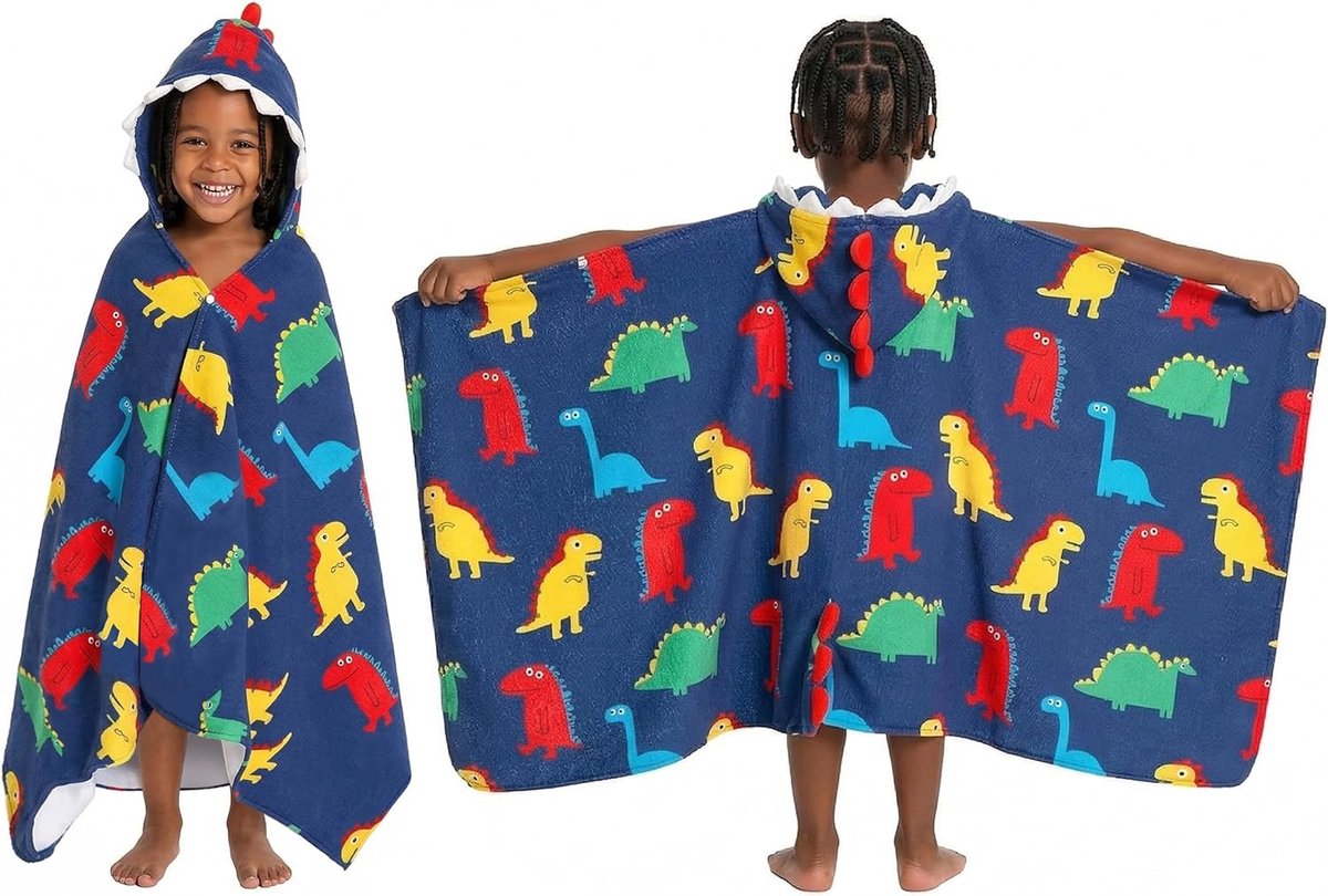 Kinderbadponcho, Zachte en Sneldrogende Badhanddoekponcho, Microvezelhanddoek met Capuchon voor Strand Zwemmen, Strandlaken voor Meisjes Jongens van 3-12 Jaar Oud (Kleurrijke Dinosaurussen)