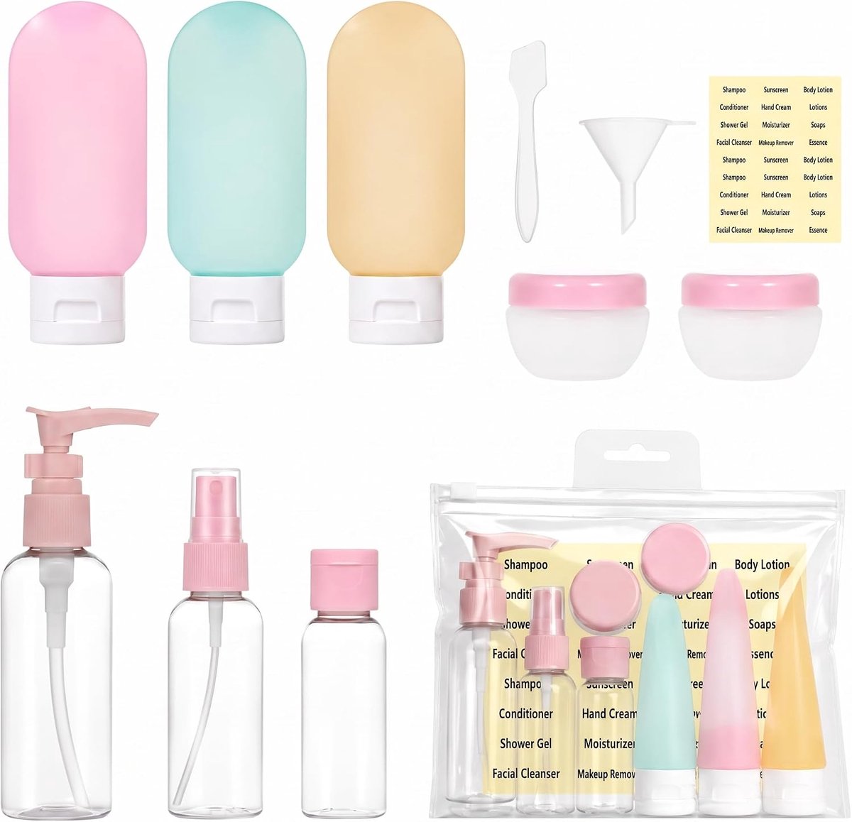 Flessenset - 13-delige lekvrije set met spray-, pomp- en klapdopcontainers, crèmepotten, trechter en etiketten (doorzichtig BPA-vrij kunststof)