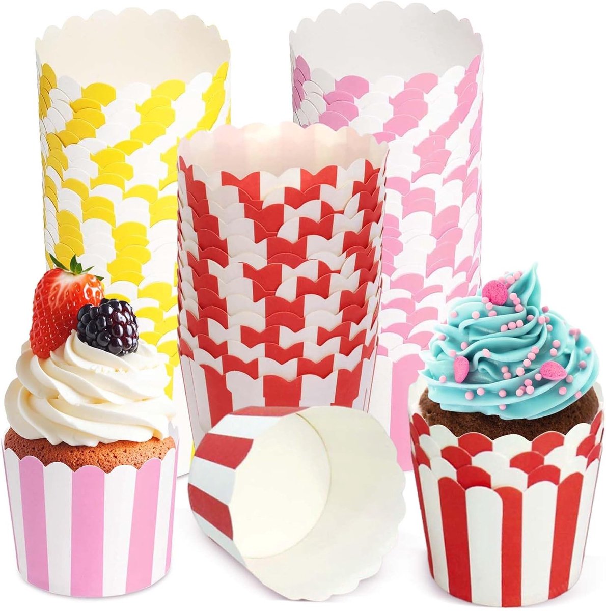 wikkelpapier, 150 stuks muffinvormpjes, muffinvormpjes papier, mini muffin papiervormpjes cupcakevormpjes muffins papiervormpjes, voor verjaardagen, bruiloften en feesten (roze, rood, geel)