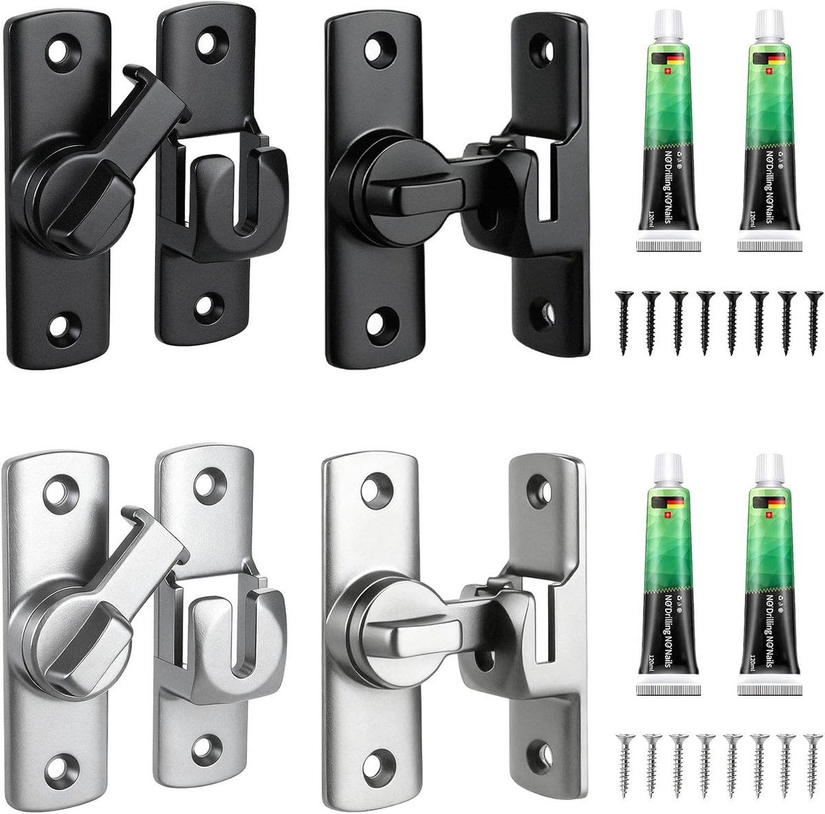 4 stuks schuifdeurslot, deurgrendel voor schuifdeuren, 90/180 graden deurgrendel met 16 schroeven, 4 nagelvrije lijm voor tuin, deur, raam, badkamer, keuken (zwart, zilver)