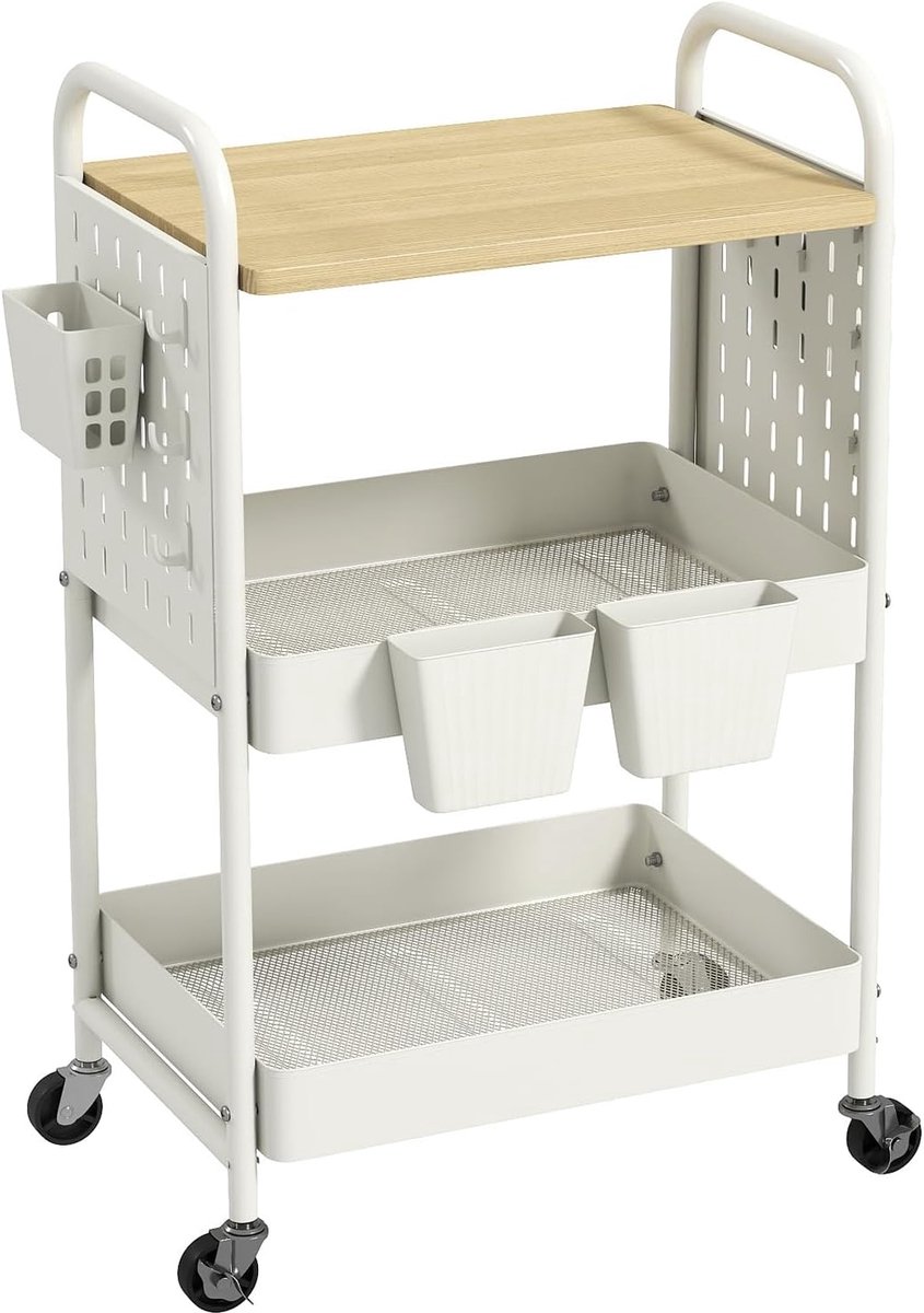 danpinera Rolwagen met 3 niveaus, metalen rolwagen met steekborden en houten plaat, serveerwagen, knutselwagen, keukenwagen met wielen voor keuken, woonkamer, badkamer, haken en hangende bekers