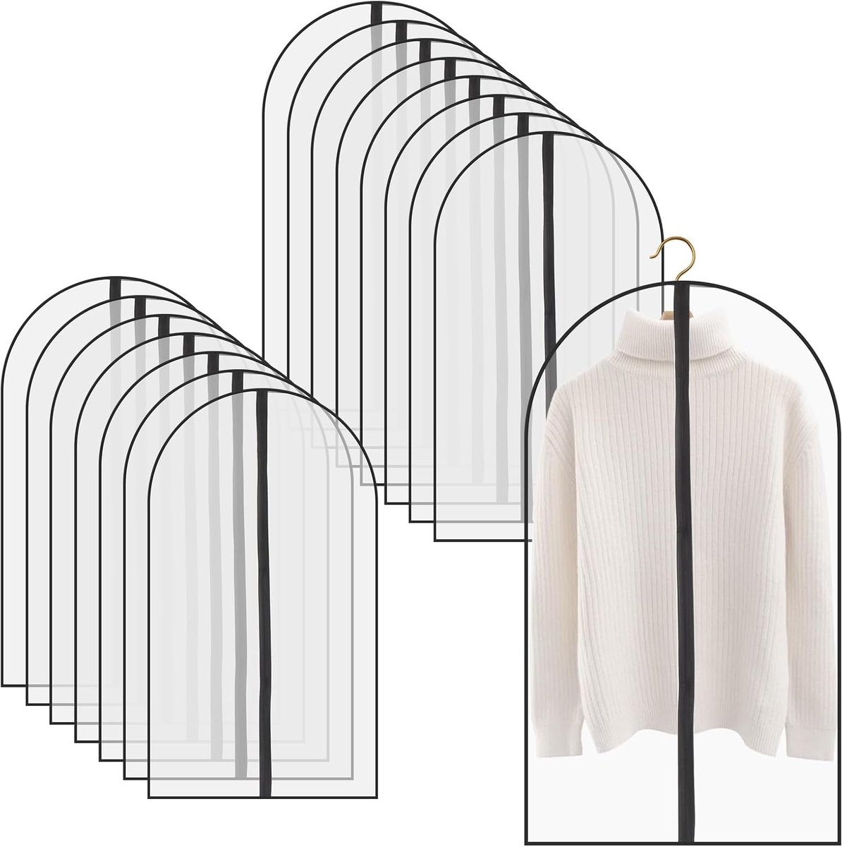 Kledingbeschermhoes met ritssluiting, transparante kledinghoes van PEVA-materiaal, kledingzakken, 60 x 100 cm, zwarte rand, voor het opbergen van pakken en kleding