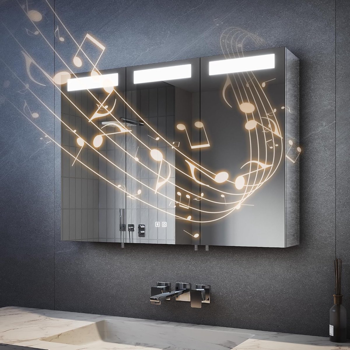 90 x 65 cm spiegelkast met ledverlichting voor de badkamer, 3-deurs badkamerspiegelkast verlichting met Bluetooth, touch-schakelaar, anti-condens en stopcontact (zilver)