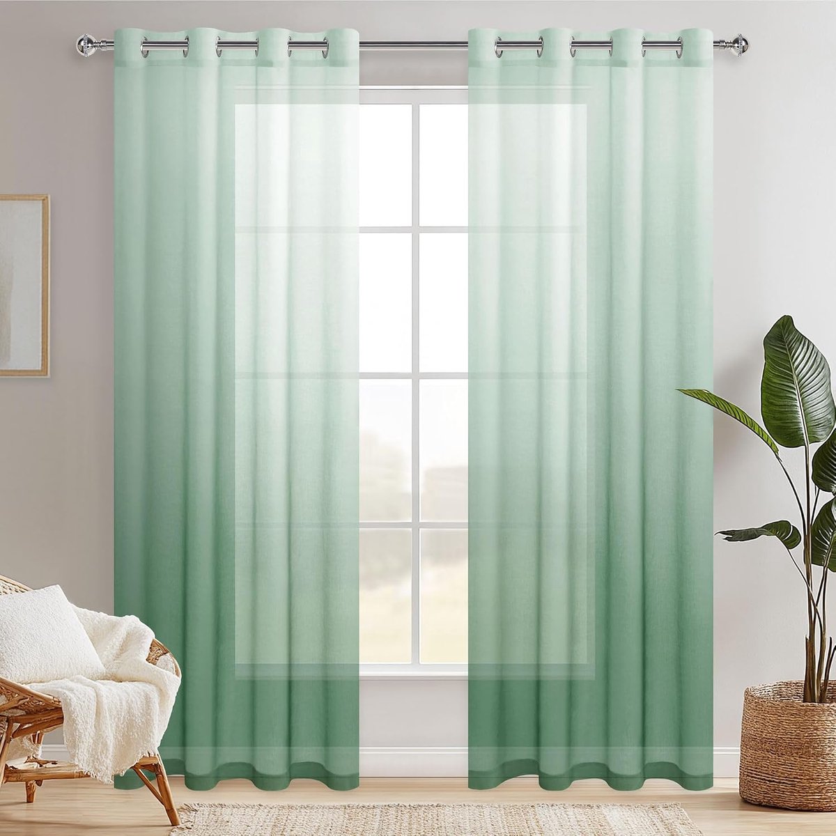 Transparante gordijnen met ingestanste ringen, kleurverloop, raamgordijn, voile gordijnen voor slaapkamer en woonkamer, 225 x 140 cm (h x b), set van 2 stuks, wit, saliegroen