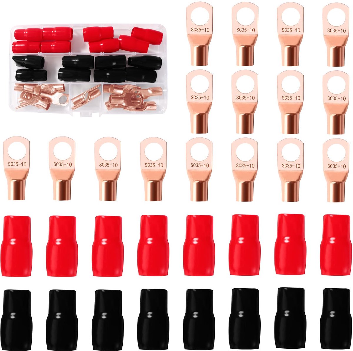 32 Stuks M10 SC35-10 AWG2 Ringklemmen Set, Buisvormige Batterijkabeluiteinden, Batterij Kabel Eind Terminals, met Isolatie Mouwen, voor Elektrische Kabel, Gouden
