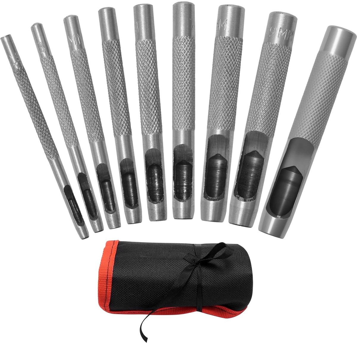 9-delige set perforatiegaten met ronde gaten van gelegeerd staal (2,5-10 mm), antislip handgreep met opbergtas voor leer, stof en knutselprojecten