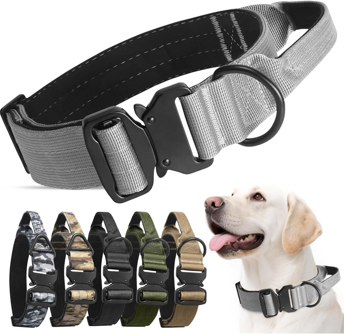 hondenhalsband, zacht gevoerde hondenhalsband met handvat en zwaar belastbare metalen gesp, dikke brede sterke halsbanden voor kleine, middelgrote en grote hondentraining (grijs, L)