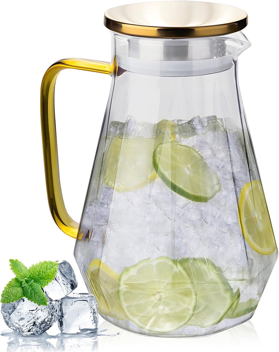 Karaf van 2 liter, glazen karaf met handvat en goudkleurig roestvrijstalen deksel, glazen kan voor water, sap, melk, koffie, thee, vaatwasmachinebestendig