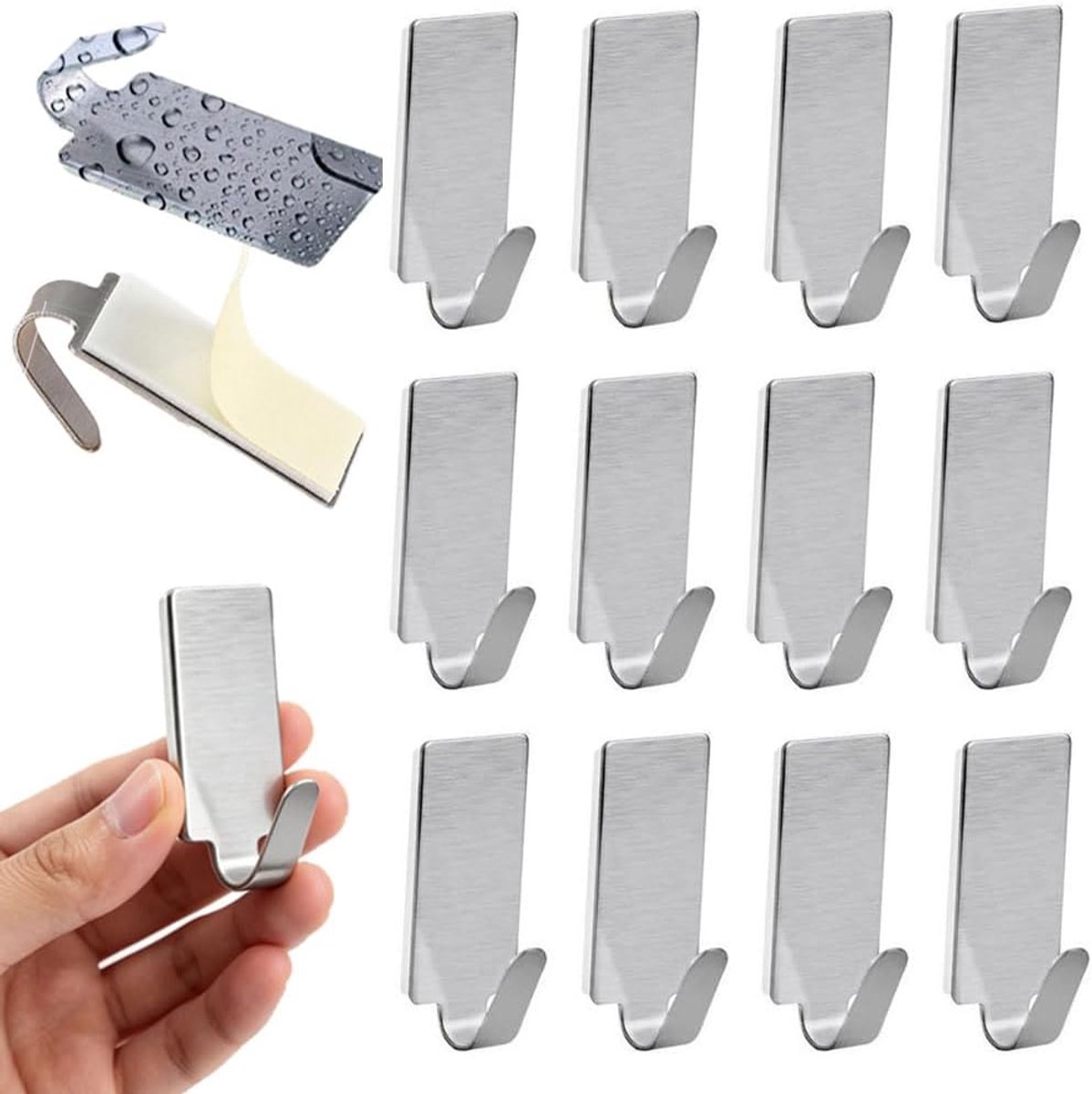 12 stuks zelfklevende wandhaken, zelfklevende haken voor keuken en badkamer, zelfklevende handdoekhaken zonder boren, roestvrij staal 201