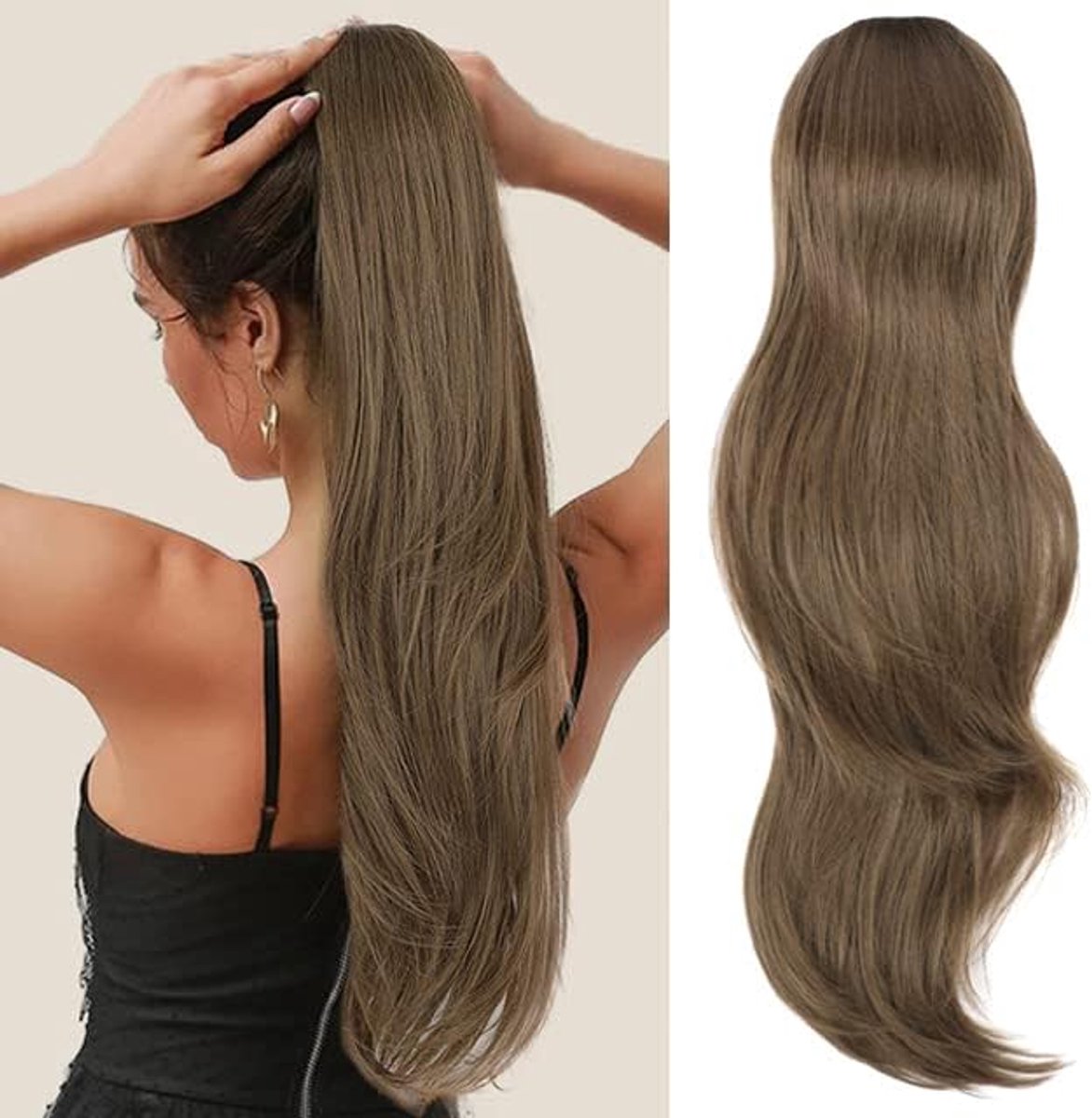66 cm middenbruine paardenstaart, haarverlenging, trekkoord, paardenstaart, haarverlengingen, lang natuurlijk golvend synthetisch haarstukje voor vrouwen, dagelijks gebruik
