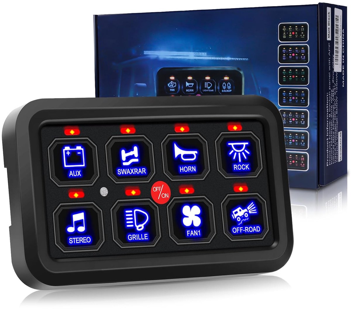 Schakelpaneel voor marine, 8-weg schakelpaneel, 12 V/24 V, met 7 kleuren, 60 A, 600 W/12 V, 1200 W/24 V, voor auto, vrachtwagen, boot, jeep, jacht